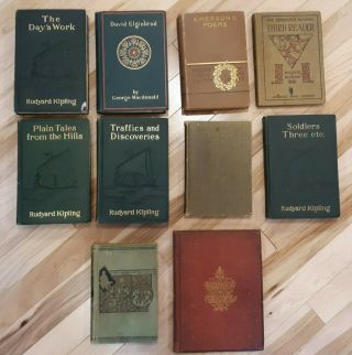 Ten Antique Old Vintage Books Kipling Emerson Poem Poetry Latin Shakespeare Gilt