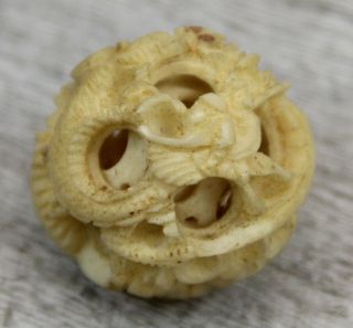 Antique Chinese Carved Bovine Bone Puzzle Ball Dragon Orb Hand Made