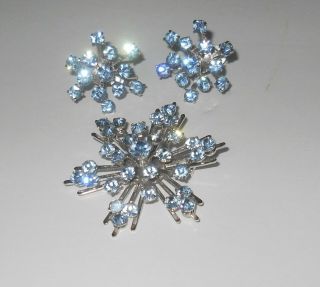 Vintage Signed Coro Blue Rhinestones Snowflake Pin Brooch & Matching Earrings