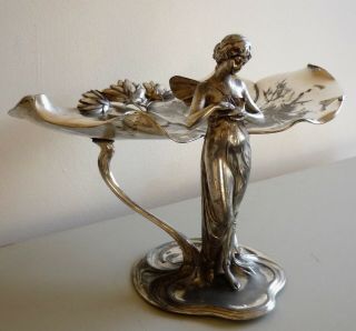 Wmf Art Nouveau Silverplate On Pewter Fairy With Dove Card Tray No.  246