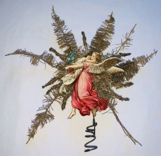 Antique German Christmas Tree Topper Ornament Scrap Die Cut Angel Tinsel Cotton