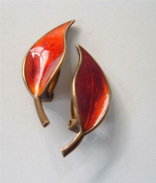 David Andersen Sterling Red Enamel Leaf Earrings Gilt Autumn Fall Norway 925 Vtg