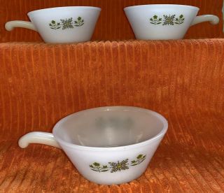 Set Of 3 Vtg Fire King " Green Meadow " Glass Chili Soup Bowls With Handles
