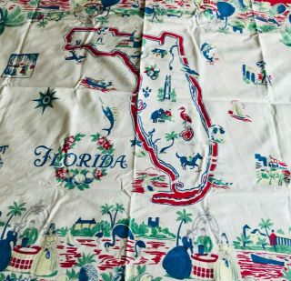 Vintage Vibrant 1950s Florida Tablecloth 50 " X 60 " State Map Souvenir