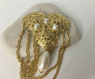 Vintage Victorian Style Dangling Chains & Faux Pearl Brooch
