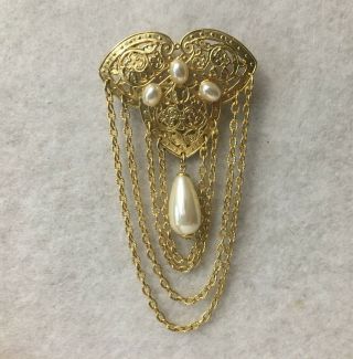 Vintage Victorian Style Dangling Chains & Faux Pearl Brooch 2