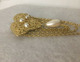 Vintage Victorian Style Dangling Chains & Faux Pearl Brooch 3