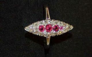 14k 1.  00ct Rose Cut Diamond 4 Ruby Ring Long Marquise Dainty White Gold Antique