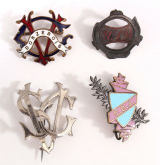 4 Rare Antique 19th Century Bicycle Club Pins,  Enameled And Silver,