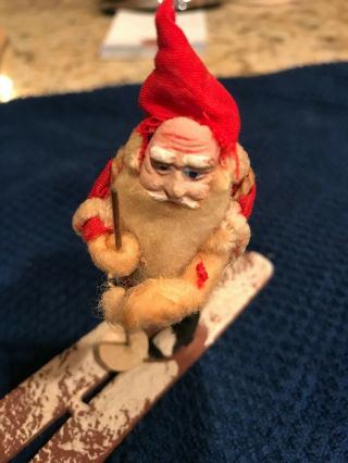 Vintage Clay - Face Hand - Painted Santa On Skis,  4 " Tall,  Cute,  Made In Japan,