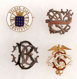 4 Rare Antique 19th Century Bicycle Club Enamel Hat Pins,  Rod Of Asclepius