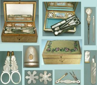 Unusual Antique Palais Royal Sewing Workbox W/ Mother Of Pearl Tools Circa 1820