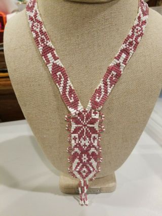 Vintage Seed Bead Indian Tribal Necklace Reds &whites