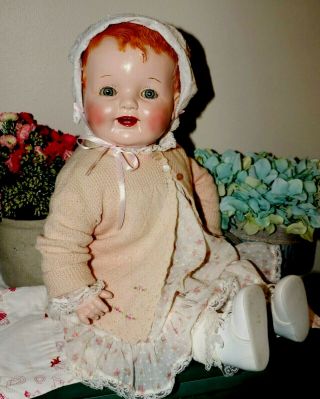 Vintage Composition Doll 26 " Xxl Happy Chubby Mama Baby Doll Sweater Dress Hat