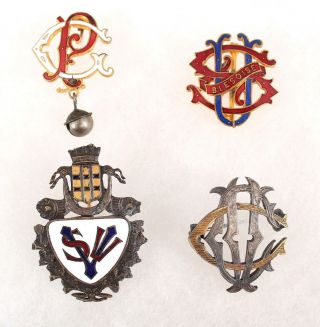 4 Antique 19th Century Rare Bicycle Club Pins,  Enamel,  Crest,  Silver,