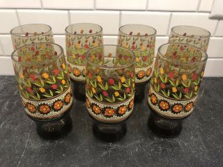 Vintage Set Of 7 Drinking Glass Amber With Flowers
