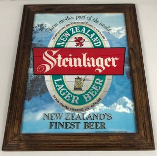 Steinlager Zealand Lager Beer Mirror Bar Sign Wood Framed Vintage Rare 18x15