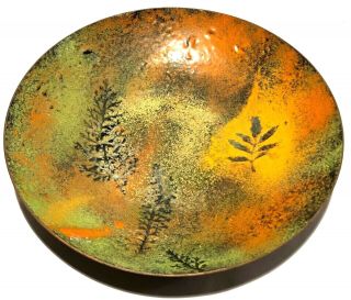 Artisan Mid Century Modern Abstract Enamel On Copper Botanical Dish