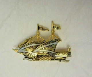 Vtg Damascene Ship Sail Boat Spain Ornate Design Gold Tone Pin Brooch W/ Dragon