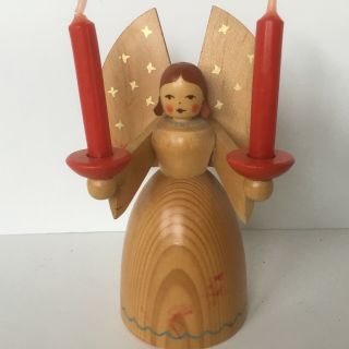 Vtg Christmas Angel Candleholder Wood Hand Painted Holds 2 Candles 7” H Germany?