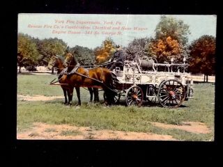 C1915 York Fire Department Horse Drawn Hose Wagon,  York,  Pa.  Vintage Postcard