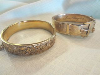 2 Fabulous Antique Victorian Gold Filled Bangle Bracelets - Buckle & Enamel