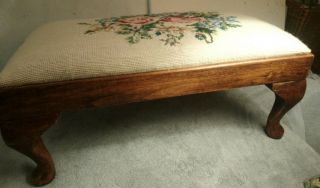 Vintage Wooden Footstool With Needlework Tapestry Floral Top.  Queen Anne Legs