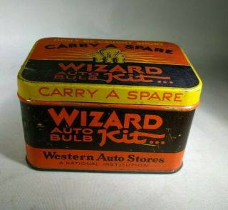 Antique Wizard Auto Bulb Kit Tin Box Western Automobile Stores