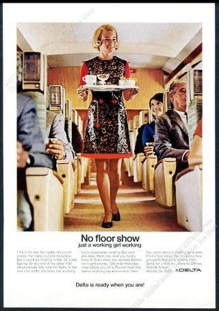 1969 Delta Airlines Stewardess Color Photo On Plane Vintage Print Ad