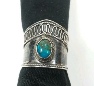 Vtg 925 Sterling Silver Real Turquoise Gemstone Twisted Rope Wide Ring Size 7