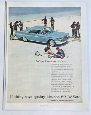 1960 De Soto Print Ad Classic Car Ad Ocean Beach Scuba Diving Vintage
