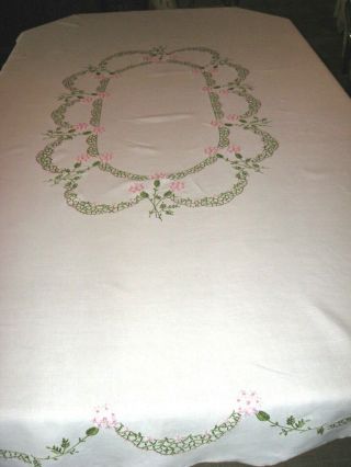 Oval Vintage White Linen W/ Pink Hand Embroidery Flowers Tablecloth - 81 " X 64 "