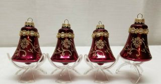 Vintage Christmas Tree Ornament Glass Decoration Bauble Bells Red Gold Stencil