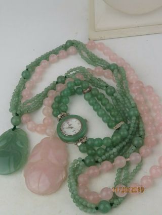 Vintage Chinese Carved Rose Quartz & Green Stone 2 Necklaces Aria Watch