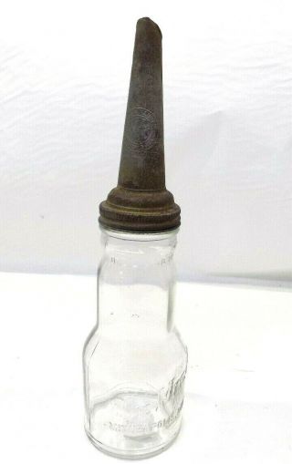 Vintage Boe Mfg.  Co.  1 Quart Glass Oil Bottle W/ Moore & Kling Spout 1926