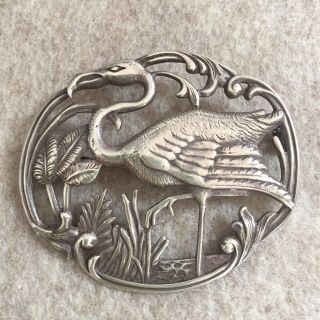 Antique Vintage Deco Sterling 925 Silver Flamingo Bird Huge Pin Brooch