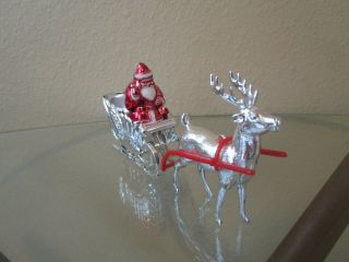 Vintage Plastic Santa Riding In Sleigh With Reindeer Silver And Red