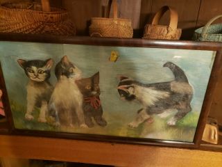 Painting Antique Oil On Board Kittens