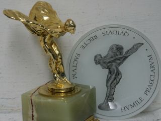 Gold Colour Rolls Royce Mascot Mounted On Onyx Stand,  Rolls Royce Mascot Dish