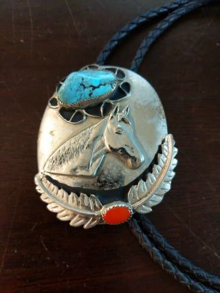 Bennett Vintage Bolo Leather Bolo Tie,  70s?,  Horse,  Turquoise & Coral - Needs A.
