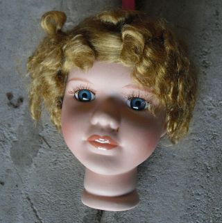 Vintage Porcelain Artist Signed Blonde Hair Wig Girl Doll Head 3 1/2 " Tall