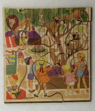 Vintage Playskool 6 Piece Masonite Puzzle - " At The Zoo " From Golden Press