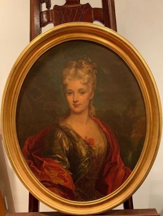 Antique Vtg Portrait Pompadour Woman Victorian Art Oval Framed 33”m