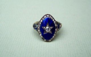 Antique 14k Gold & Blue Enamel Ring With A Star Center & Rose Cut Diamonds