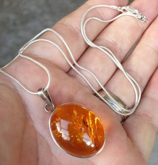 Vintage Art Deco Jewellery Large Real Amber Cabochon Silver Dropper Necklace