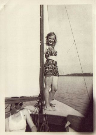 Vintage Old 1940s Photo Of Pretty Woman Girl On Sailboat Wearing Bikini & Shorts