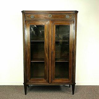 19th C.  English Brass Inlaid Mahogany Display Cabinet Bookcase Glass Front