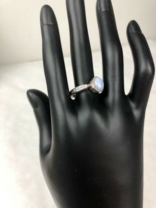 Sterling Silver Blue Chalcedony Ring Vintage Etched Band Oval Stone Sz 7 Signed