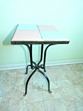 Vintage Black Wrought Iron Tile Top Plant Stand Table Pink & Pale Blue Tile