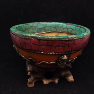 Chinese Antique Tibetan Style Beeswax Inlaid Turquoise Bowl